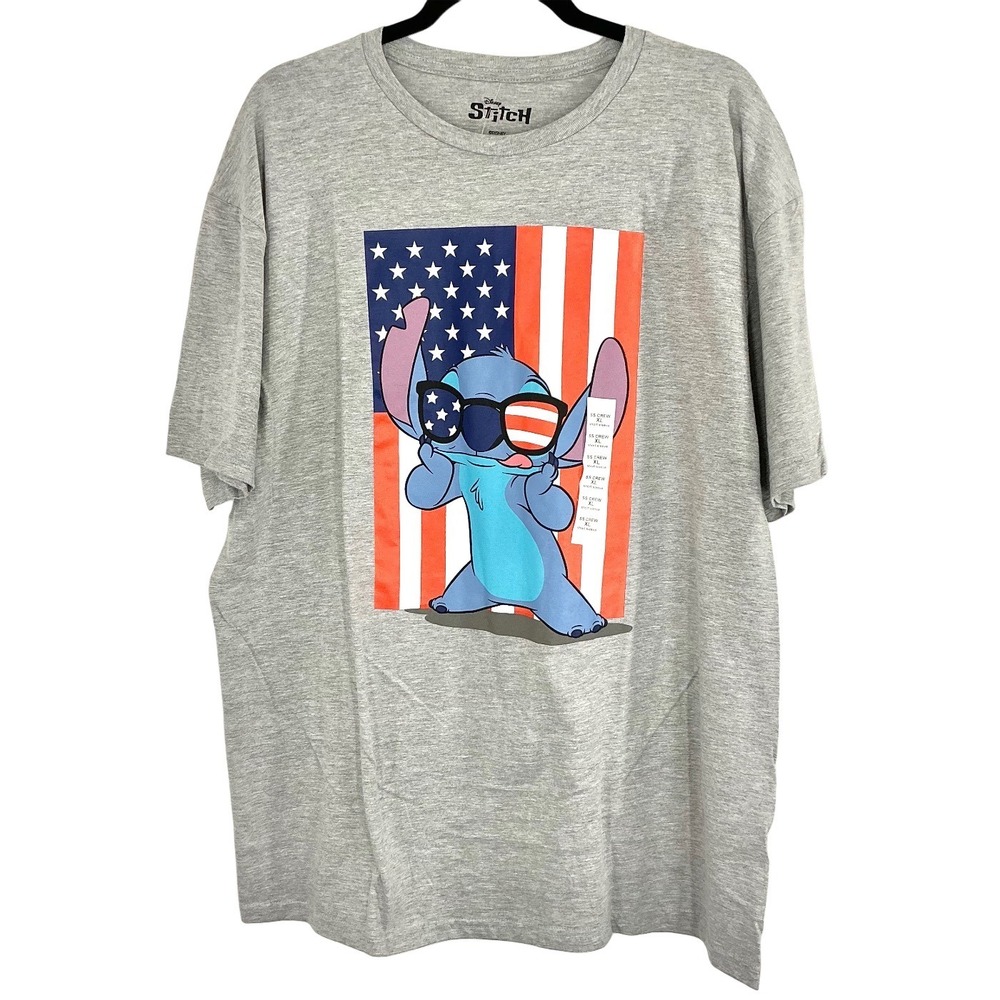 NEW Disney Stitch American Flag Graphic T Shirt Men's Size‎ XL Crew Neck Gray